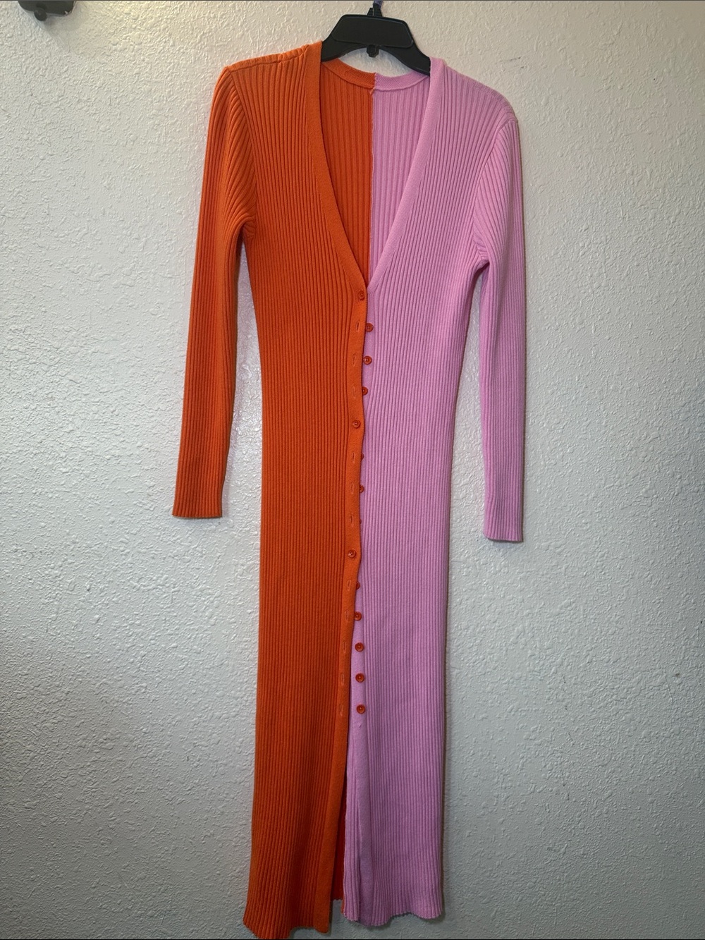 Two-Tone Orange and Pink Ribbed Button-Front Dress